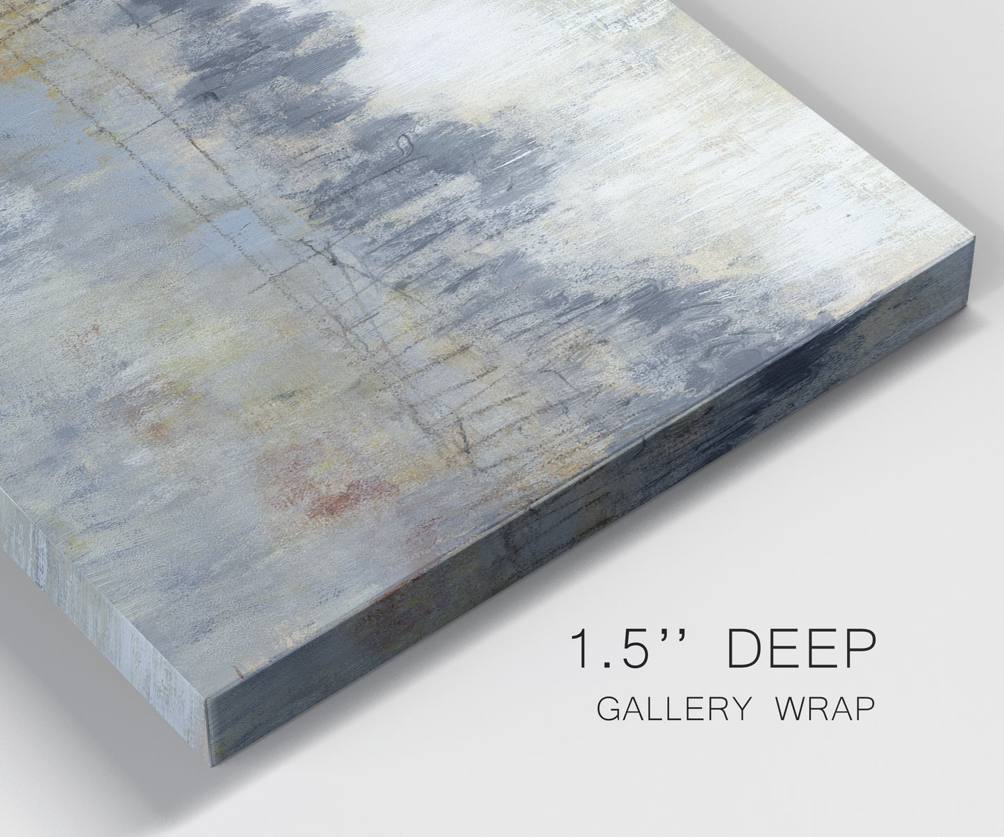 Close-up view of wrapped canvas corner featuring soft grey abstract horizon.