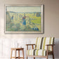 Impressionist rural hay harvest landscape by Camille Pissarro in an ornate champagne frame displayed in a light-toned interior setting.