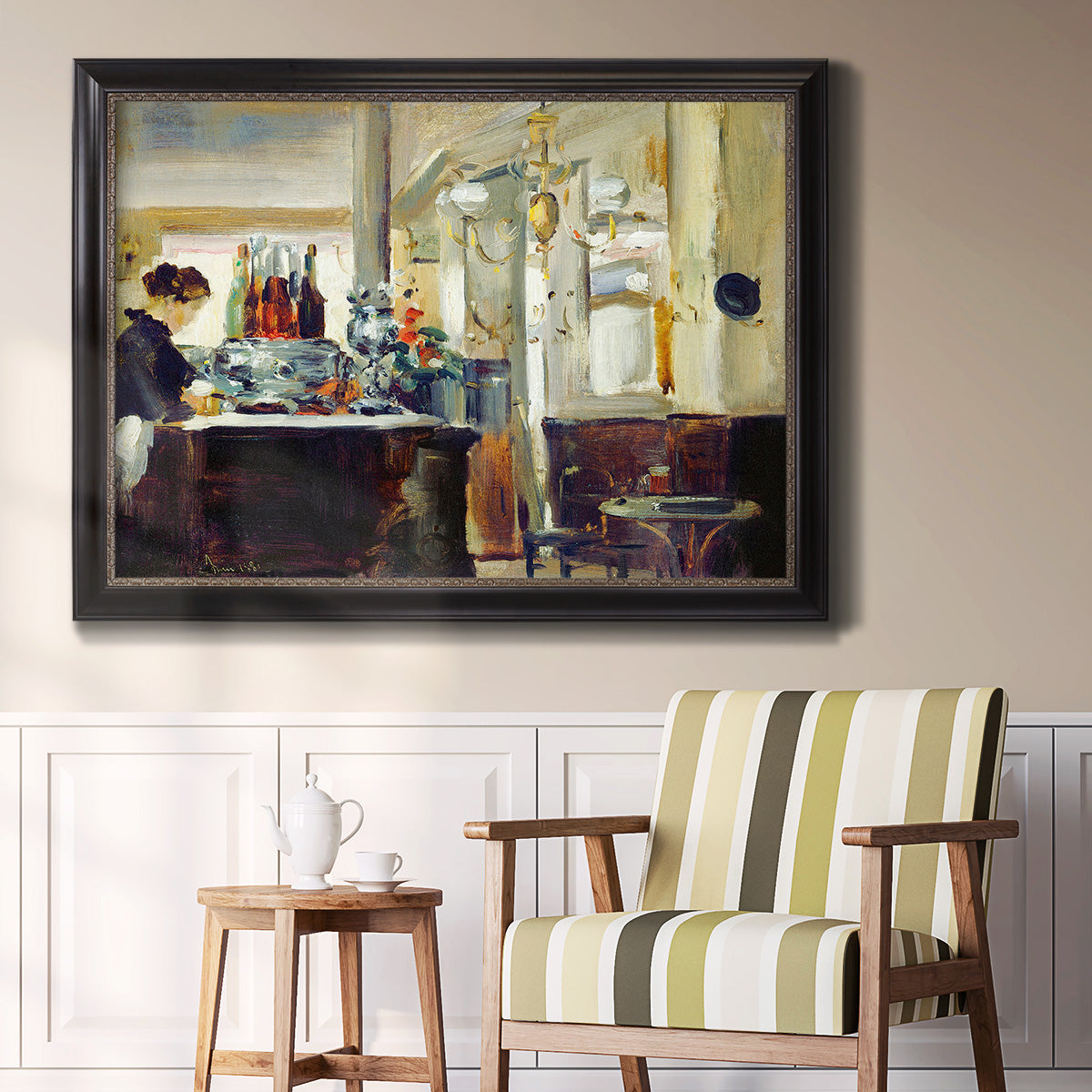 Impressionist café still life scene by Édouard Manet in an ornate black frame with gilded inner detail displayed in a light-toned interior setting.