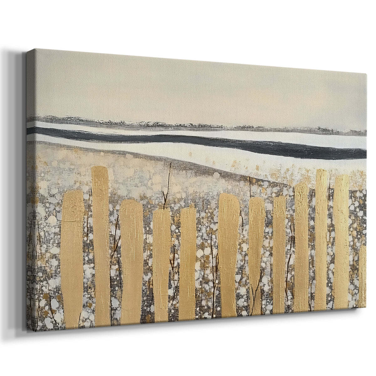 Golden fence lines contrast against a serene landscape with soft colors of winter and a tranquil horizon