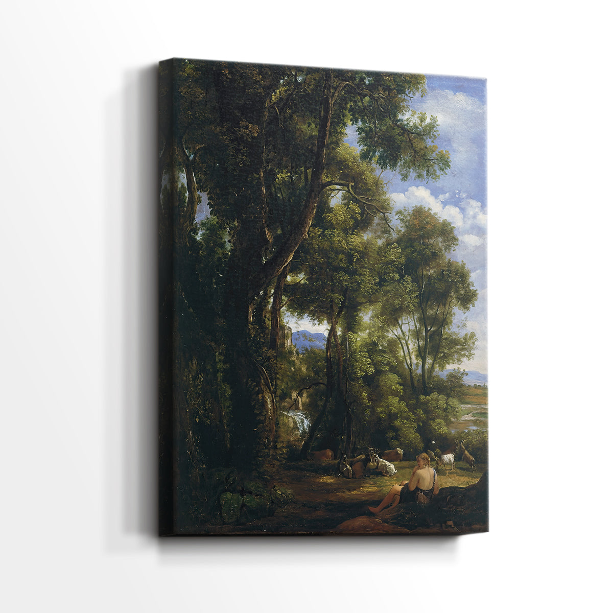 Side view of a canvas art print of a rustic countryside scene with gentle movement, showing gallery-wrapped depth.