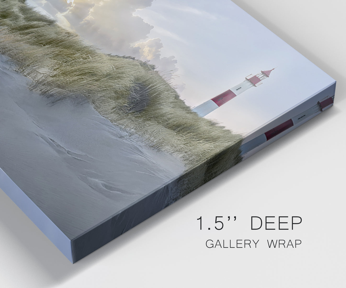 Close-up view of wrapped canvas corner featuring guardian boat along shoreline.
