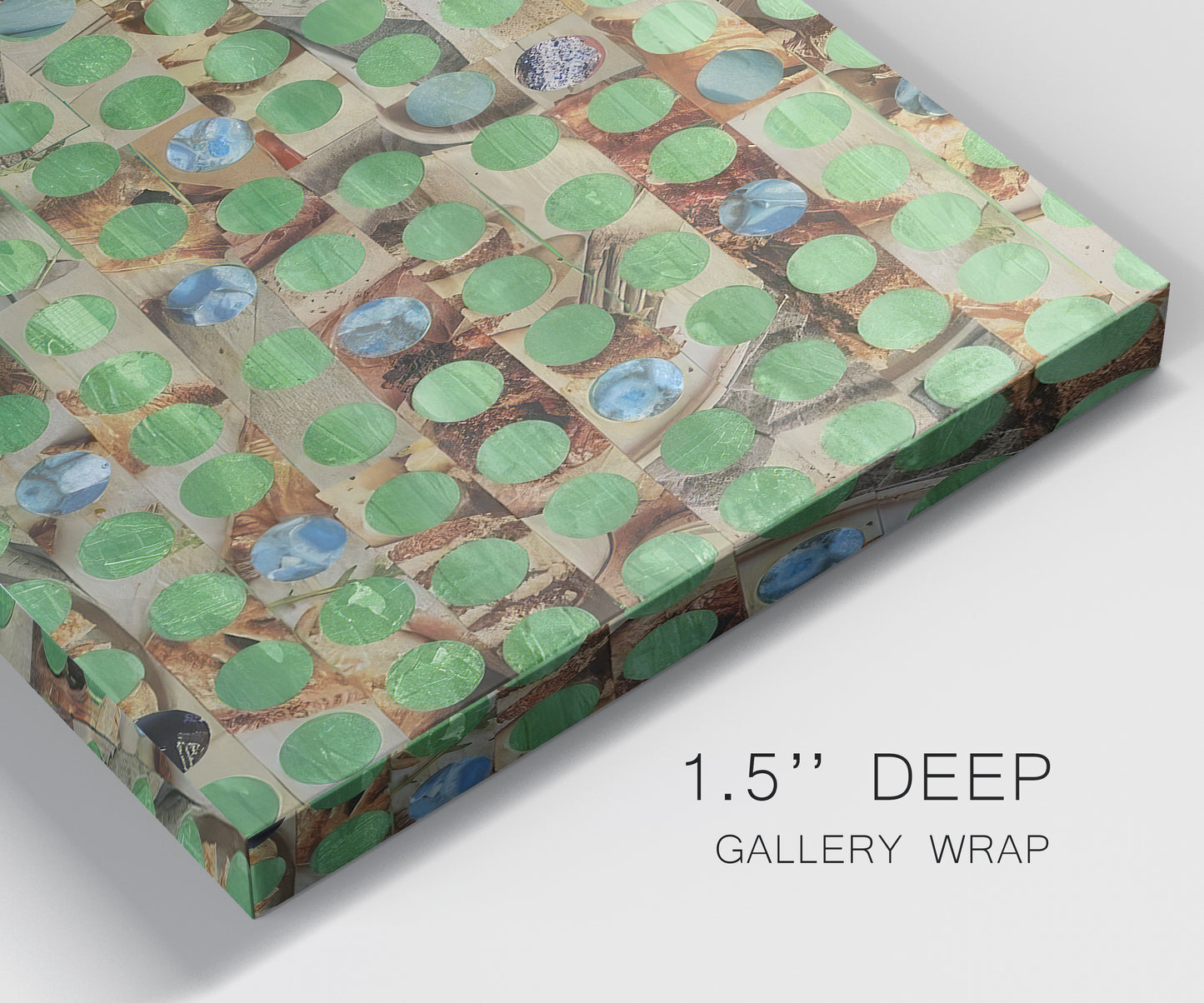 Close-up view of wrapped canvas corner featuring geometric fractal abstract slot pattern.