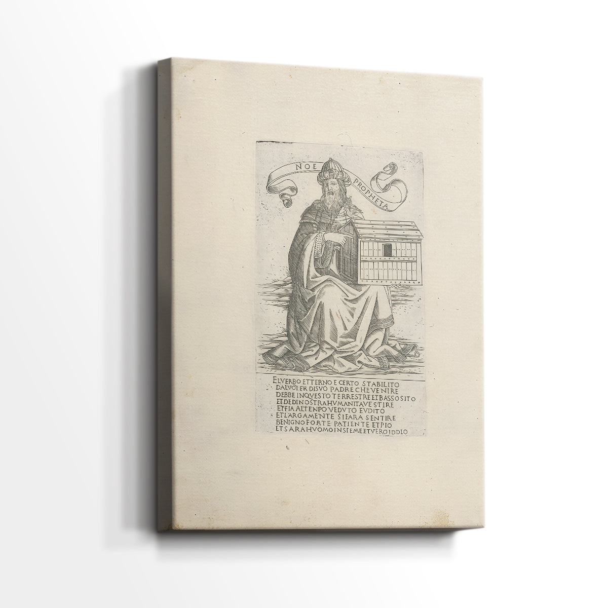 Side view of a canvas art print of a structured illustration with strong outline and minimal depth, showing gallery-wrapped depth.