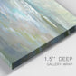 Close-up view of wrapped canvas corner featuring soft coastal beach light landscape.
