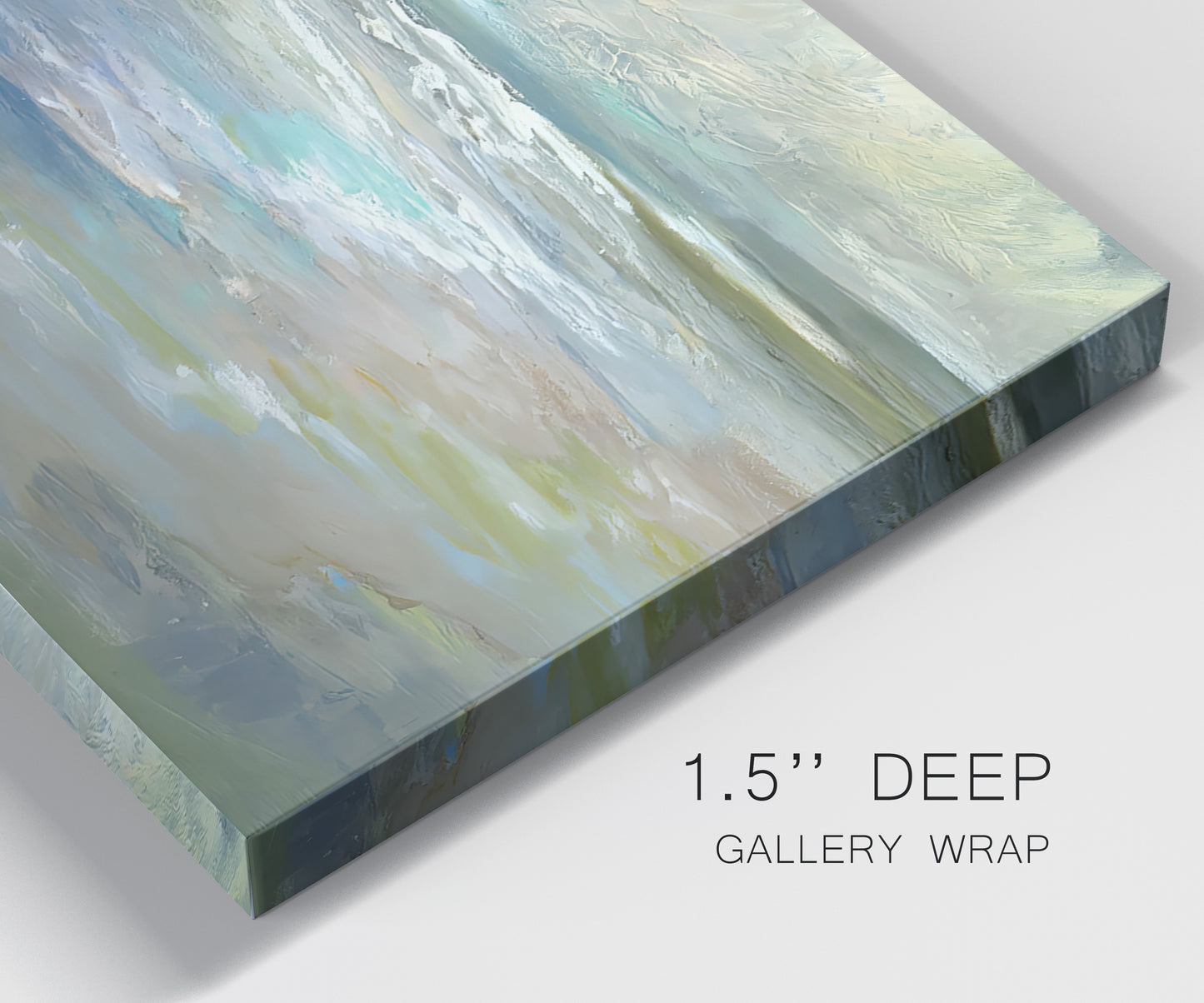 Close-up view of wrapped canvas corner featuring soft coastal beach light landscape.