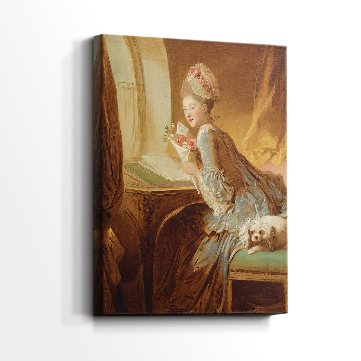 Side view of a canvas art print of a graceful figure with expressive gesture and soft color, showing gallery-wrapped depth.