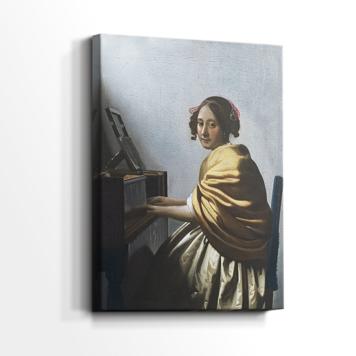 Side view of a canvas art print of a composed room with instrument and gentle tones, showing gallery-wrapped depth.