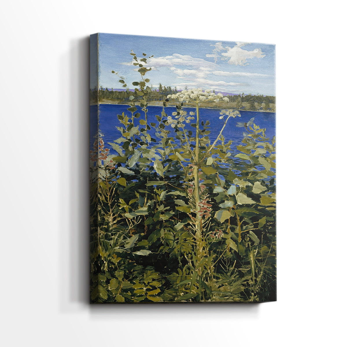 Side view of a canvas art print of a detailed view of flowering plants in a soft natural setting, showing gallery-wrapped depth.