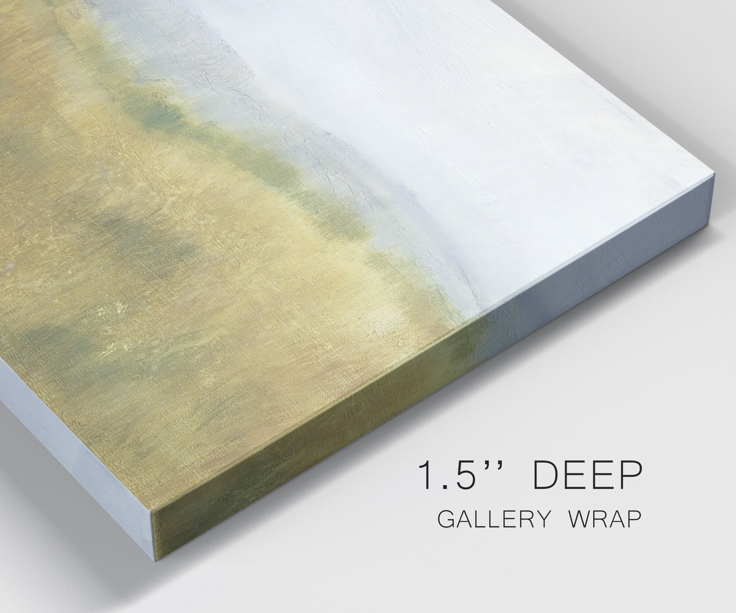 Close-up view of wrapped canvas corner featuring pastoral wheat field landscape.