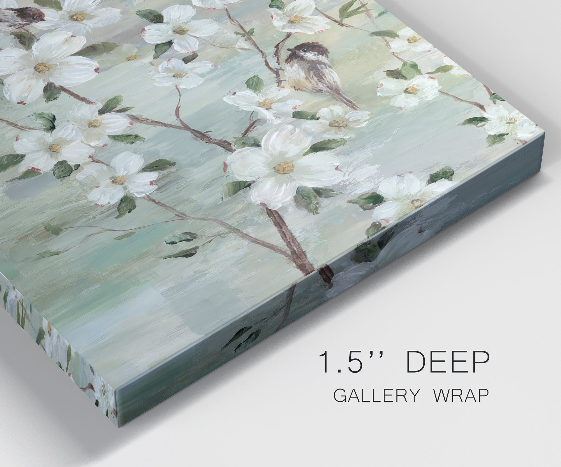 Close-up view of wrapped canvas corner featuring delicate spring blossoms with birds.