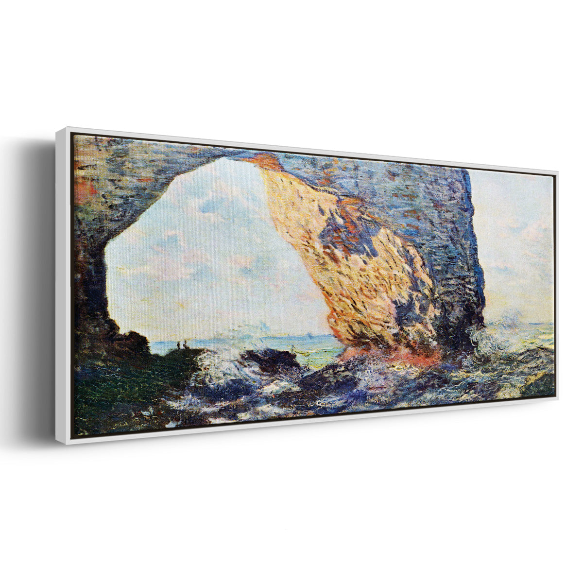 The rocky cliffs of Ã‰tretat (La Porte man) [1] by Monet - Floater Framed Canvas Print