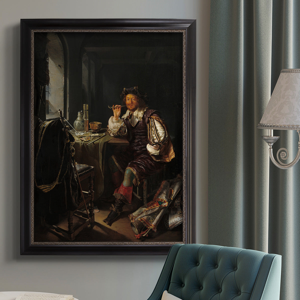 Classical portrait of a soldier smoking a pipe by Frans van Mieris the Elder in an {frame_style_descriptor} displayed in a neutral interior setting.