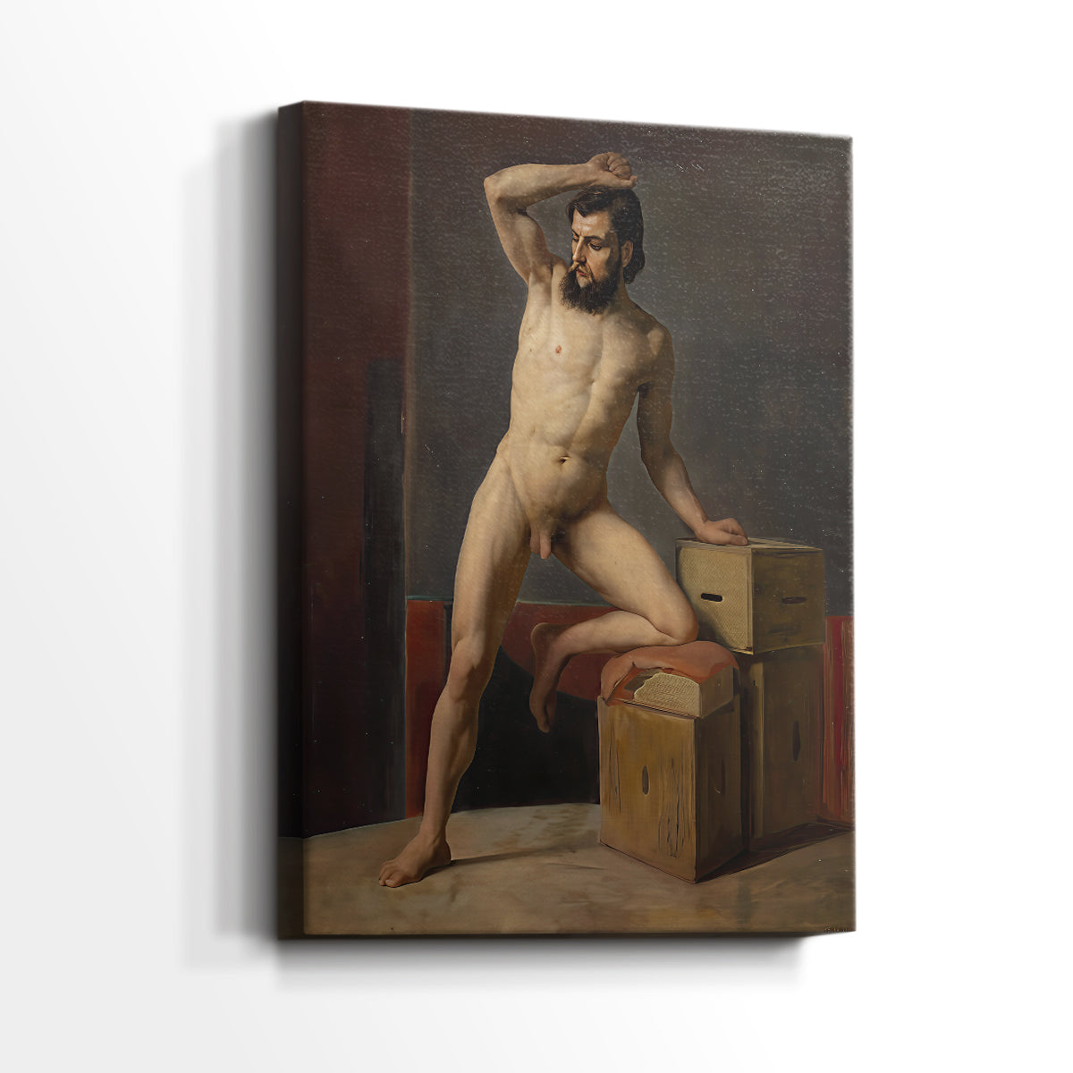 Side view of a canvas art print of a simple anatomical composition with natural tones, showing gallery-wrapped depth.