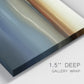 Close-up view of wrapped canvas corner featuring horizontal abstract coastal color bands.