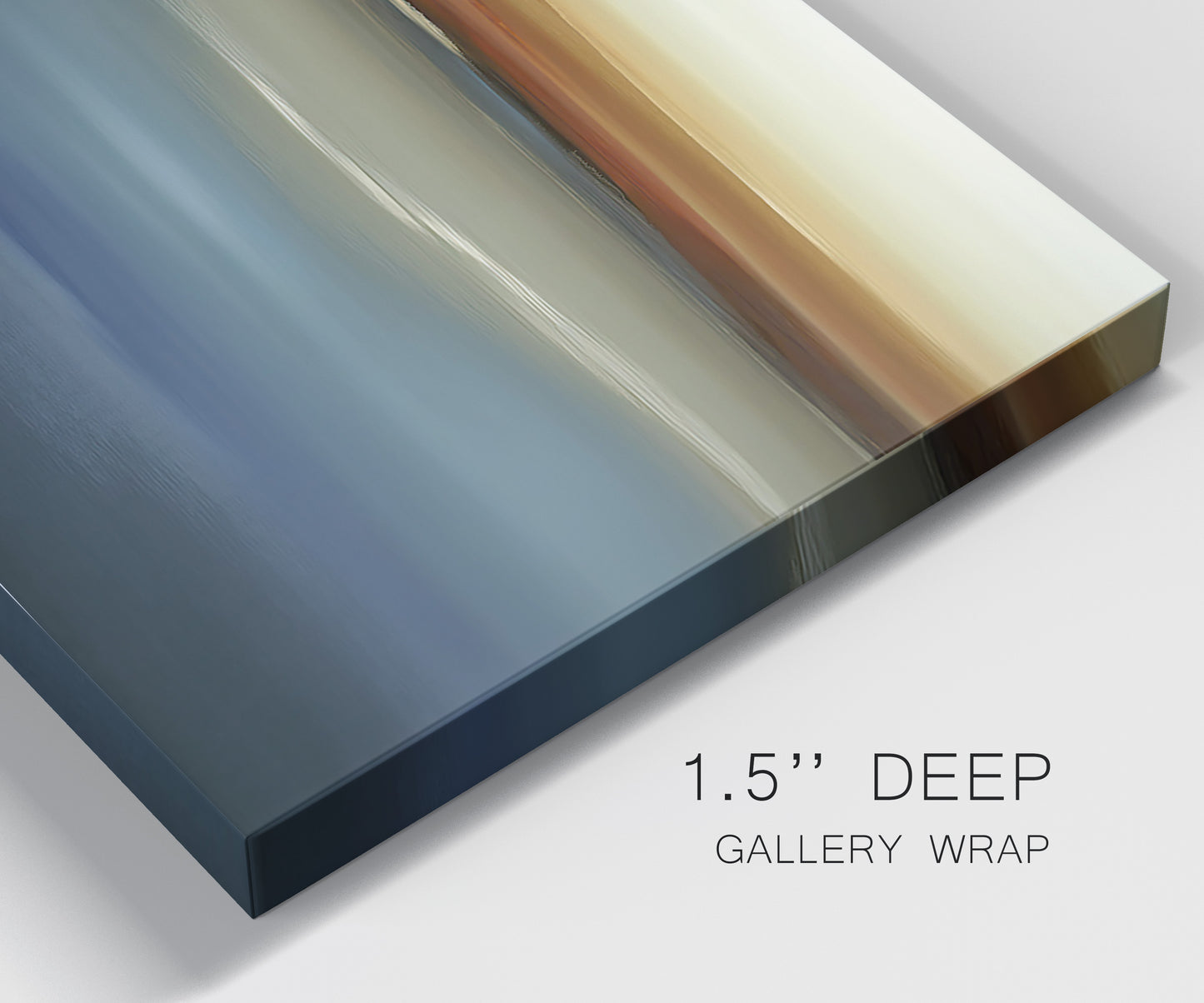 Close-up view of wrapped canvas corner featuring horizontal abstract coastal color bands.