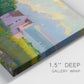 Close-up view of wrapped canvas corner featuring farmhouse near coastline landscape.