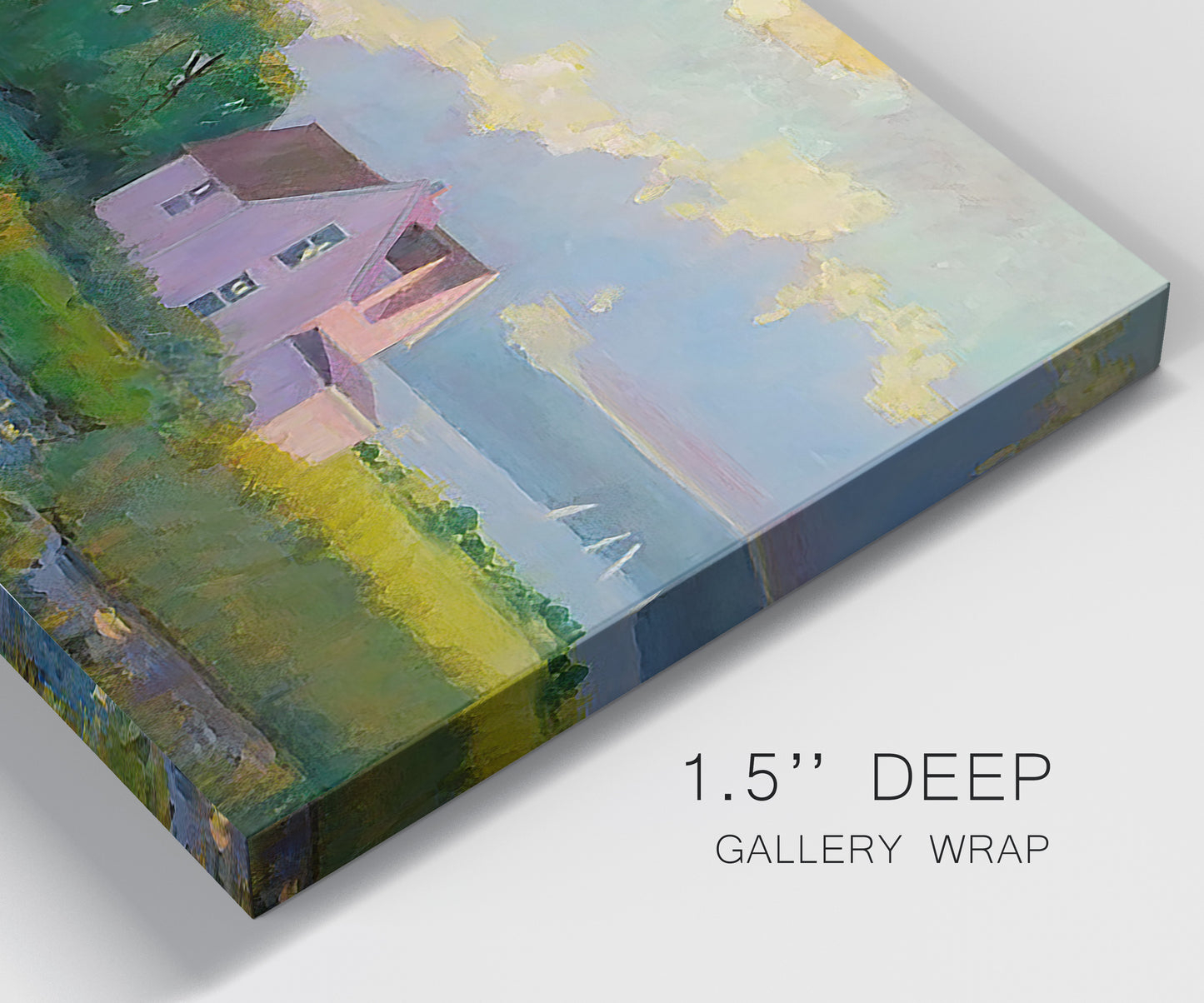 Close-up view of wrapped canvas corner featuring farmhouse near coastline landscape.