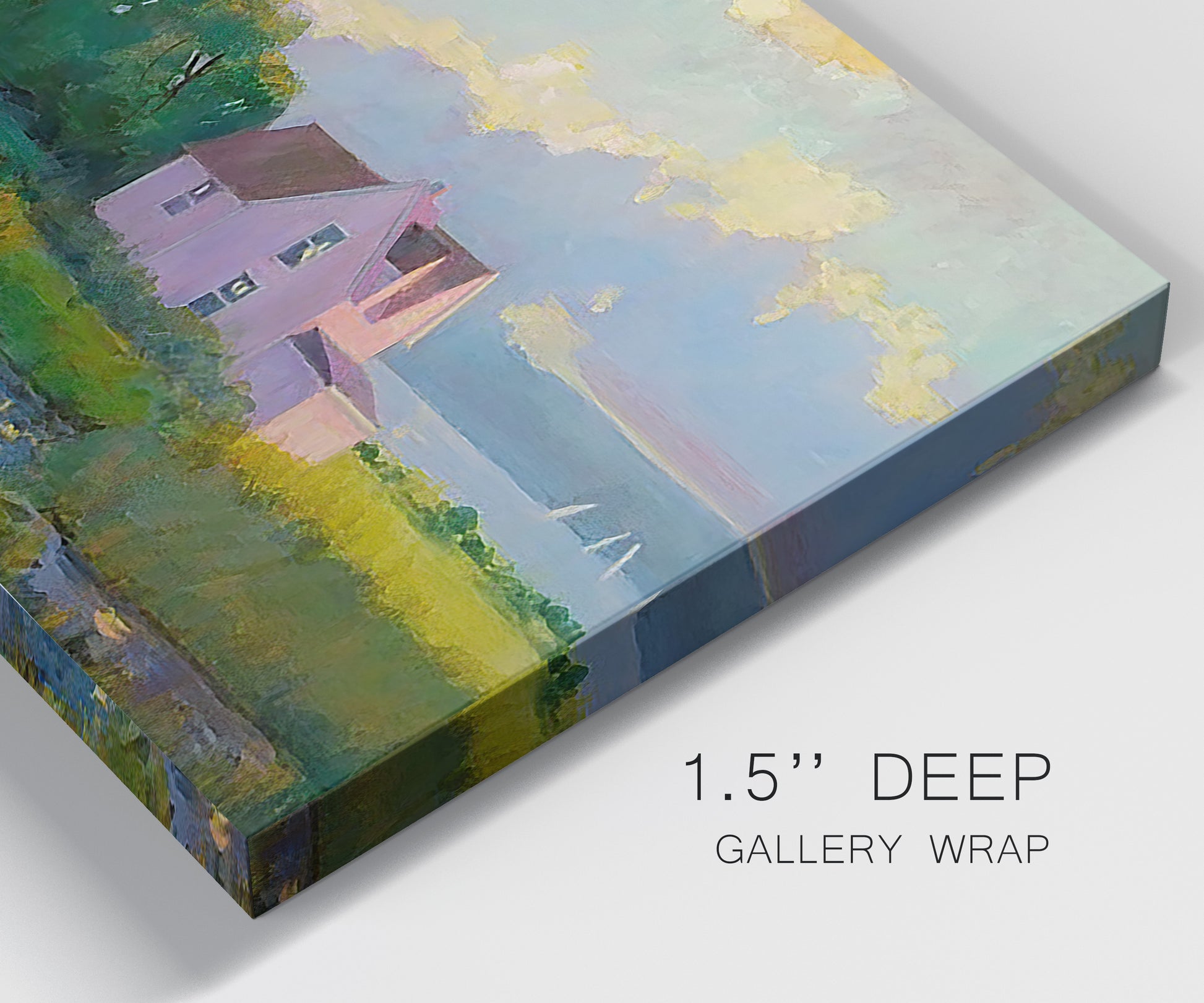 Close-up view of wrapped canvas corner featuring farmhouse near coastline landscape.