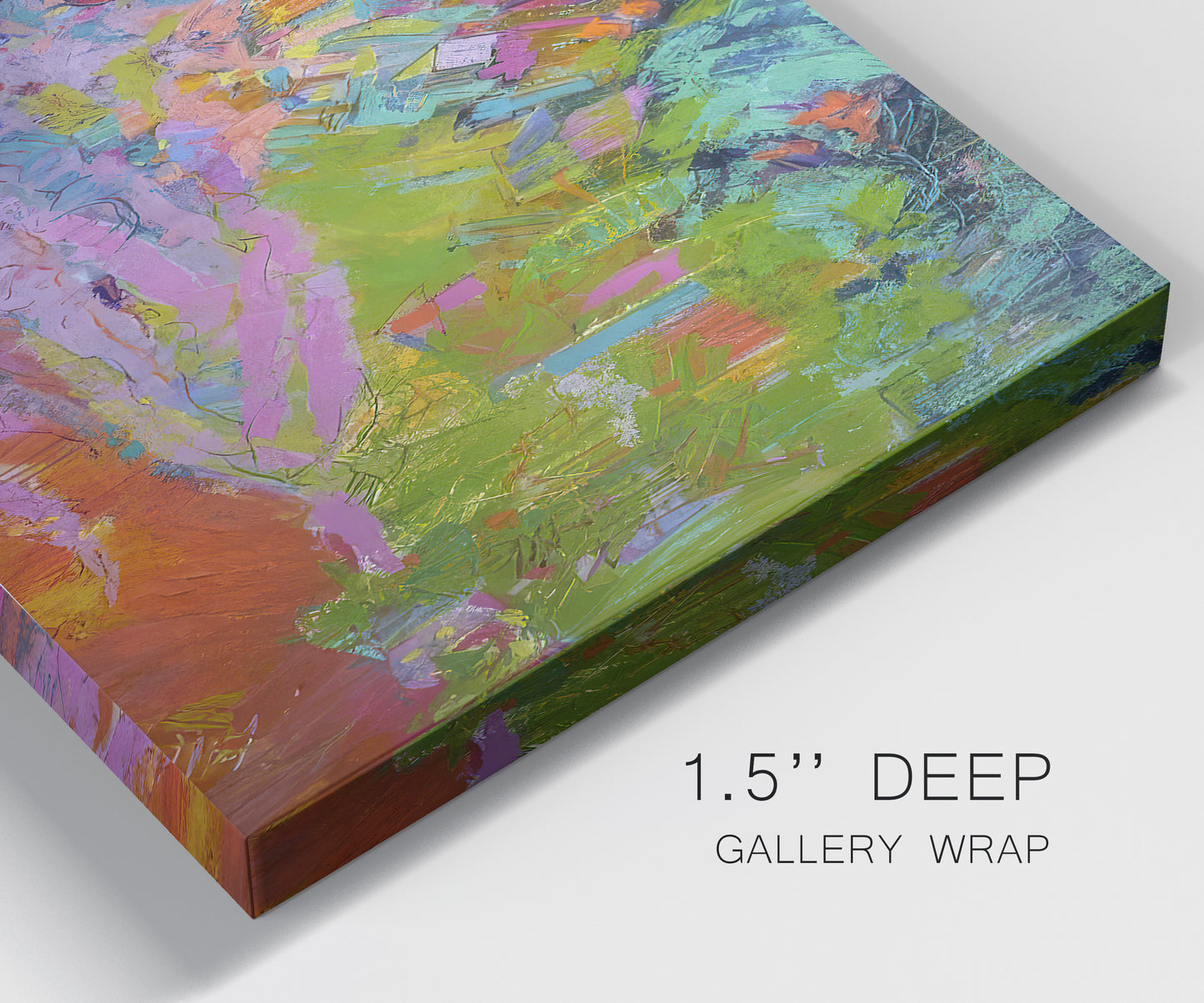 Close-up view of wrapped canvas corner featuring vibrant abstract with dramatic motion.
