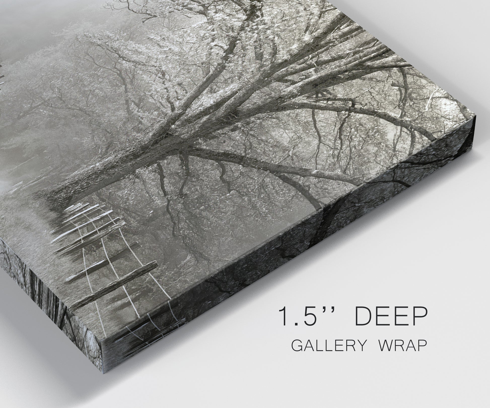 Close-up view of wrapped canvas corner featuring fenced rural path through countryside.