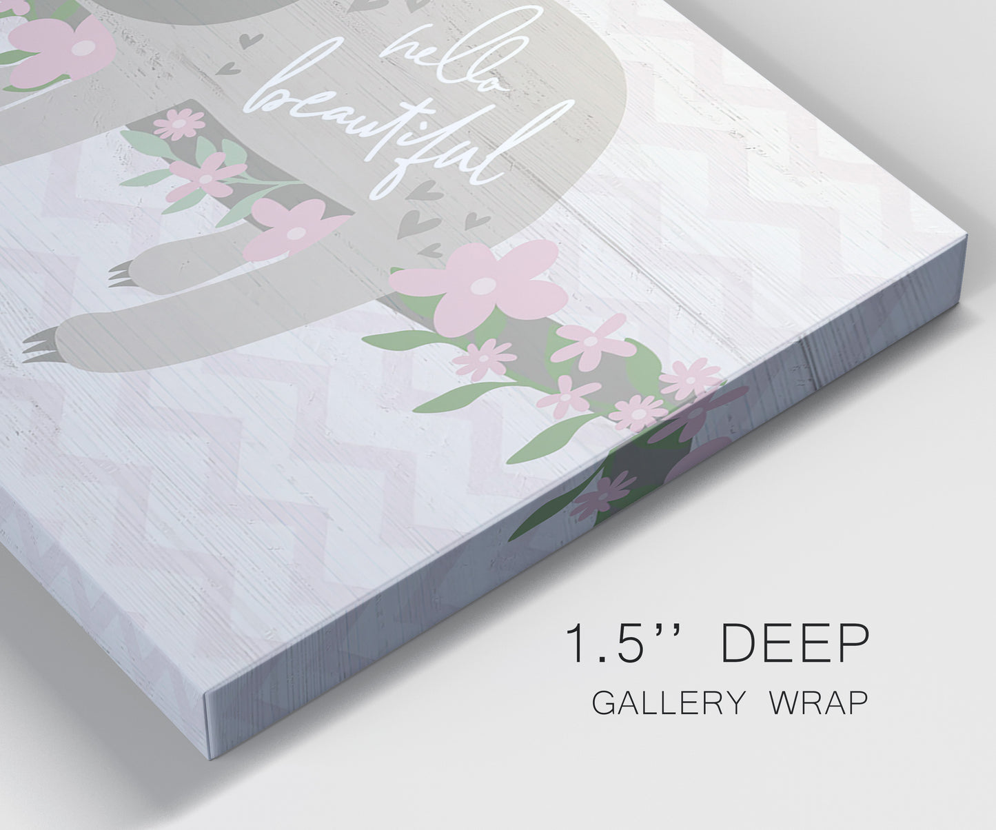 Close-up view of wrapped canvas corner featuring sloth with floral decorative elements.