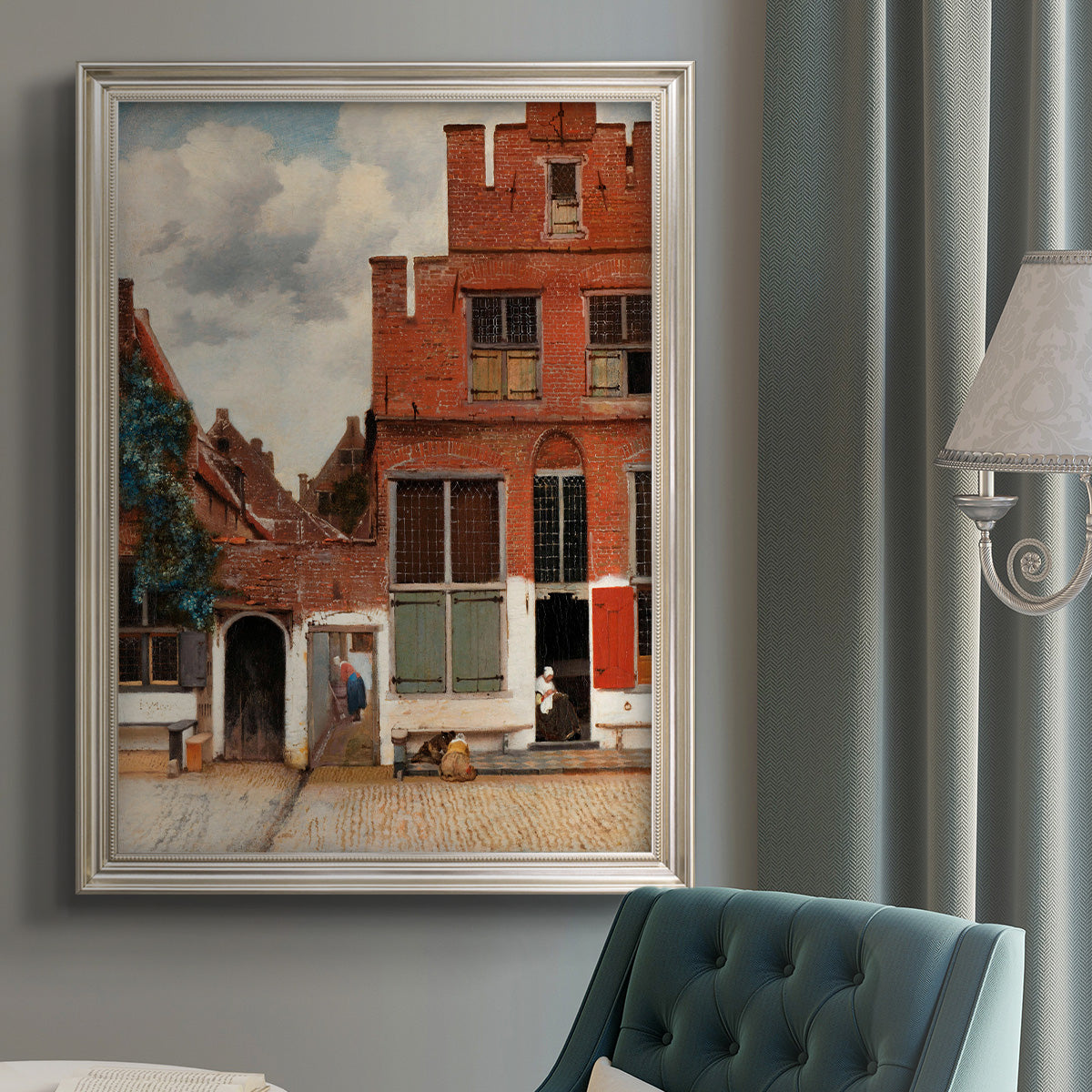 Realist city street scene by Johannes Vermeer in an {frame_style_descriptor} displayed in a neutral interior setting.