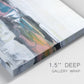 Close-up view of wrapped canvas corner featuring cheerful abstract coastal seascape.