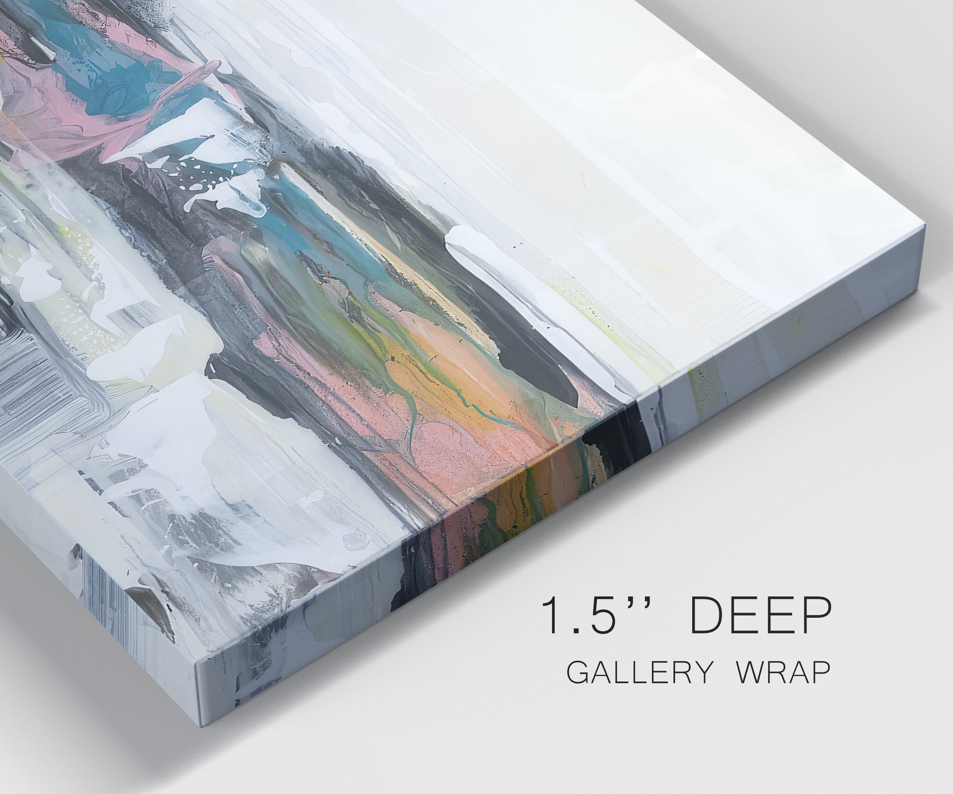 Close-up view of wrapped canvas corner featuring cheerful abstract coastal seascape.