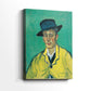 Side view of a canvas art print of a vivid portrait with simplified features and dynamic color, showing gallery-wrapped depth.