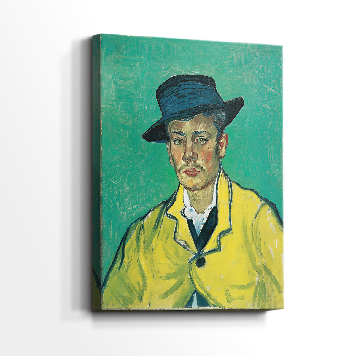 Side view of a canvas art print of a vivid portrait with simplified features and dynamic color, showing gallery-wrapped depth.