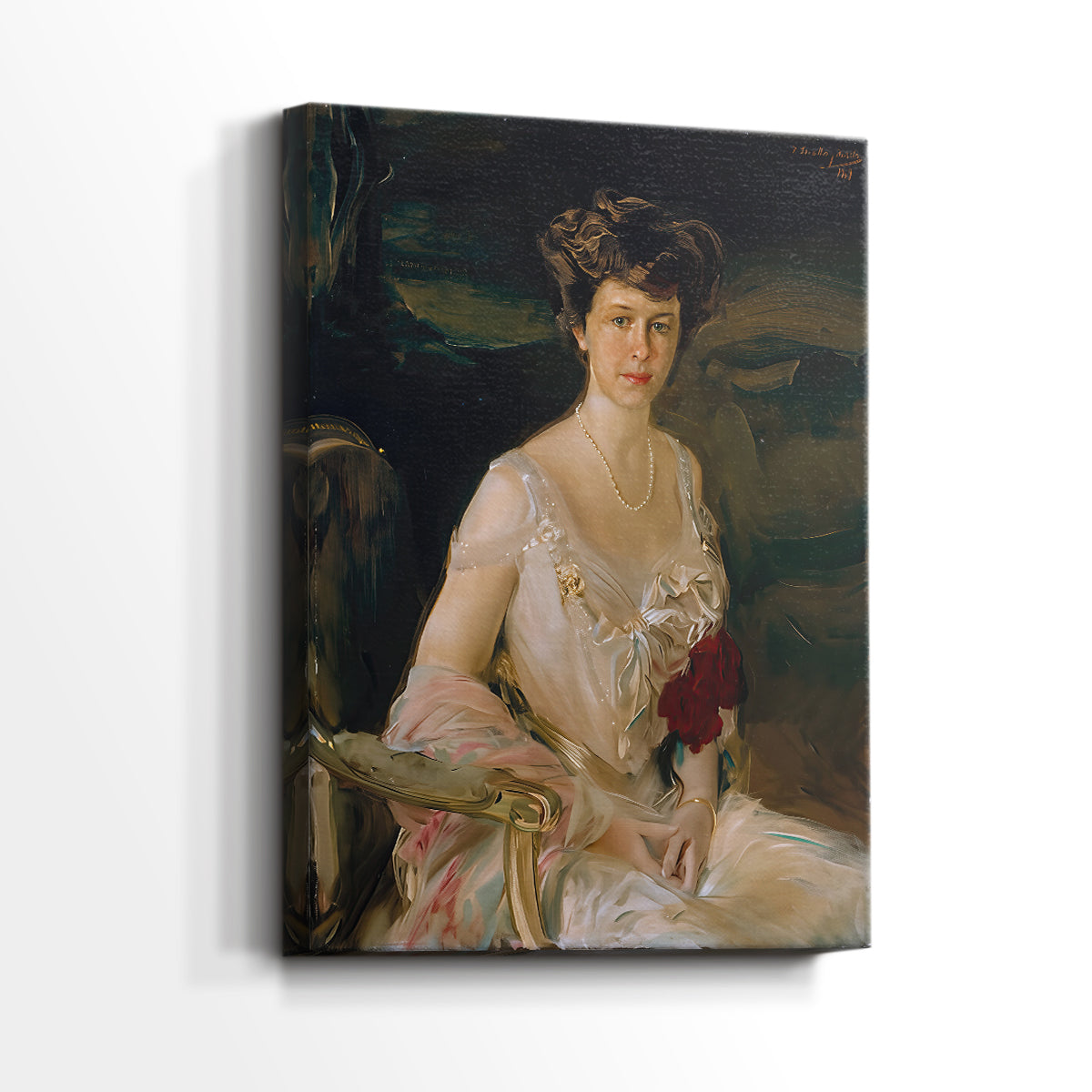 Side view of a canvas art print of a calm portrait with gentle light and smooth texture, showing gallery-wrapped depth.