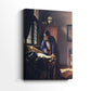 Side view of a canvas art print of a quiet room with focused activity and subtle detail, showing gallery-wrapped depth.