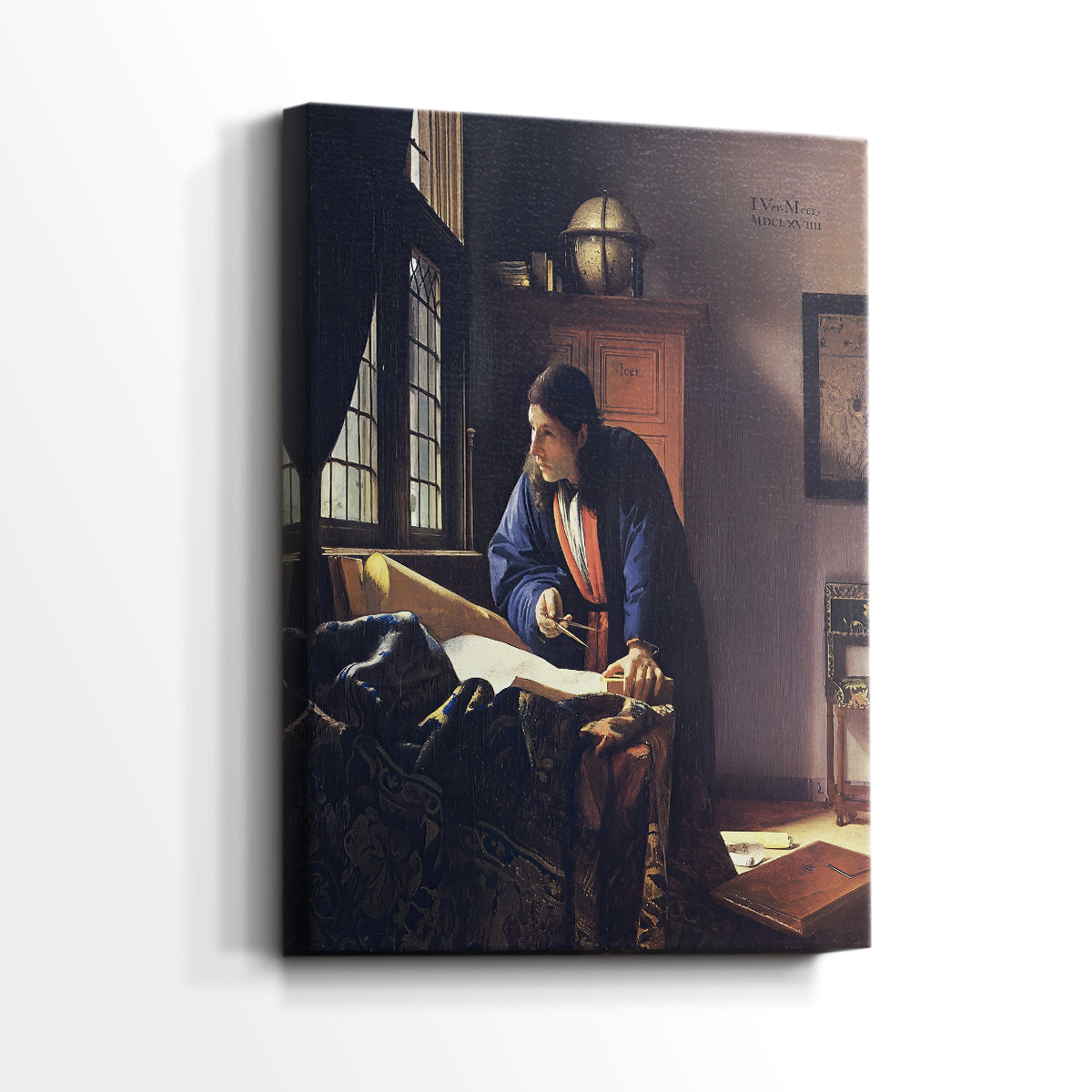 Side view of a canvas art print of a quiet room with focused activity and subtle detail, showing gallery-wrapped depth.