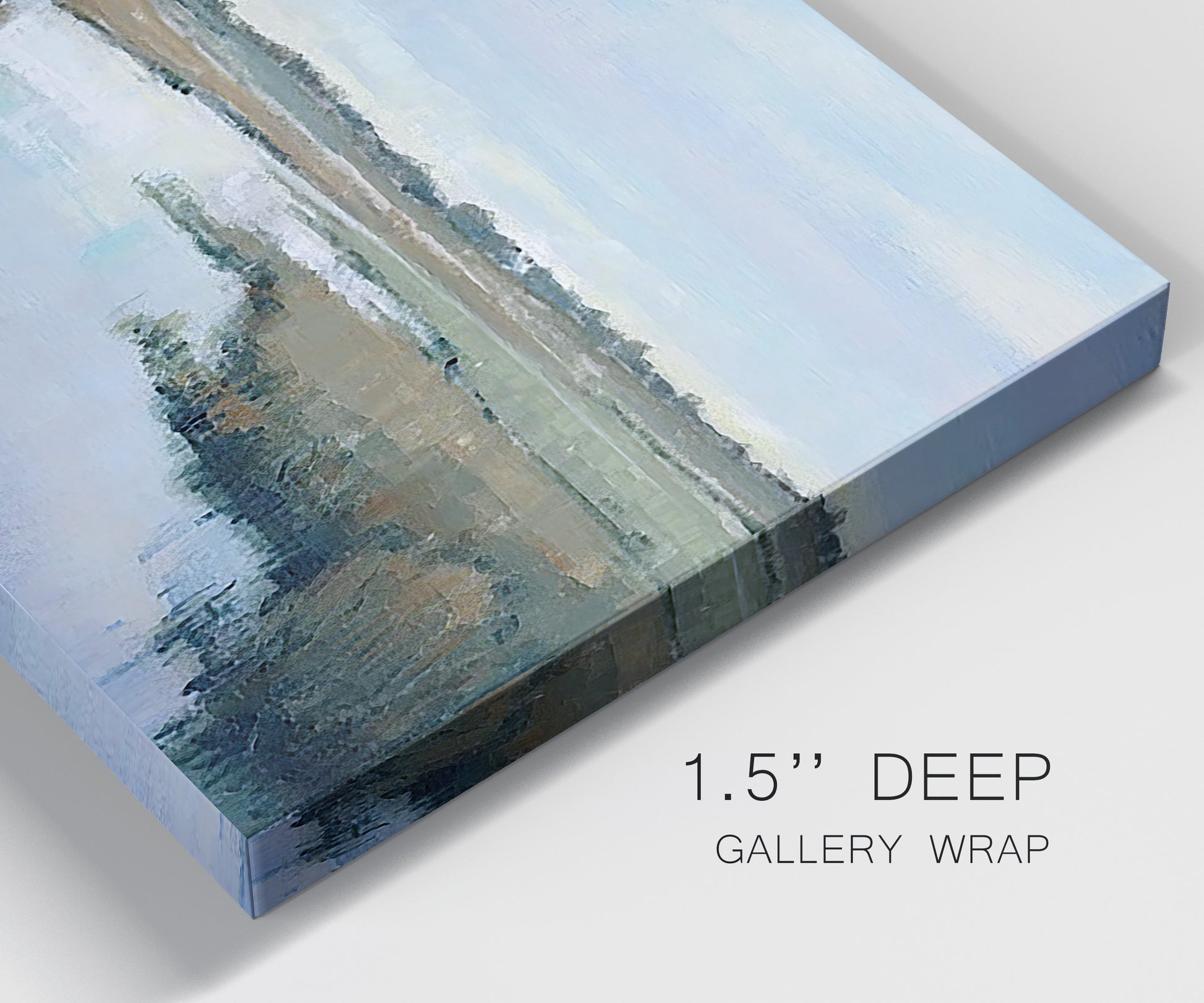 Close-up view of wrapped canvas corner featuring coastal plain with layered horizon.