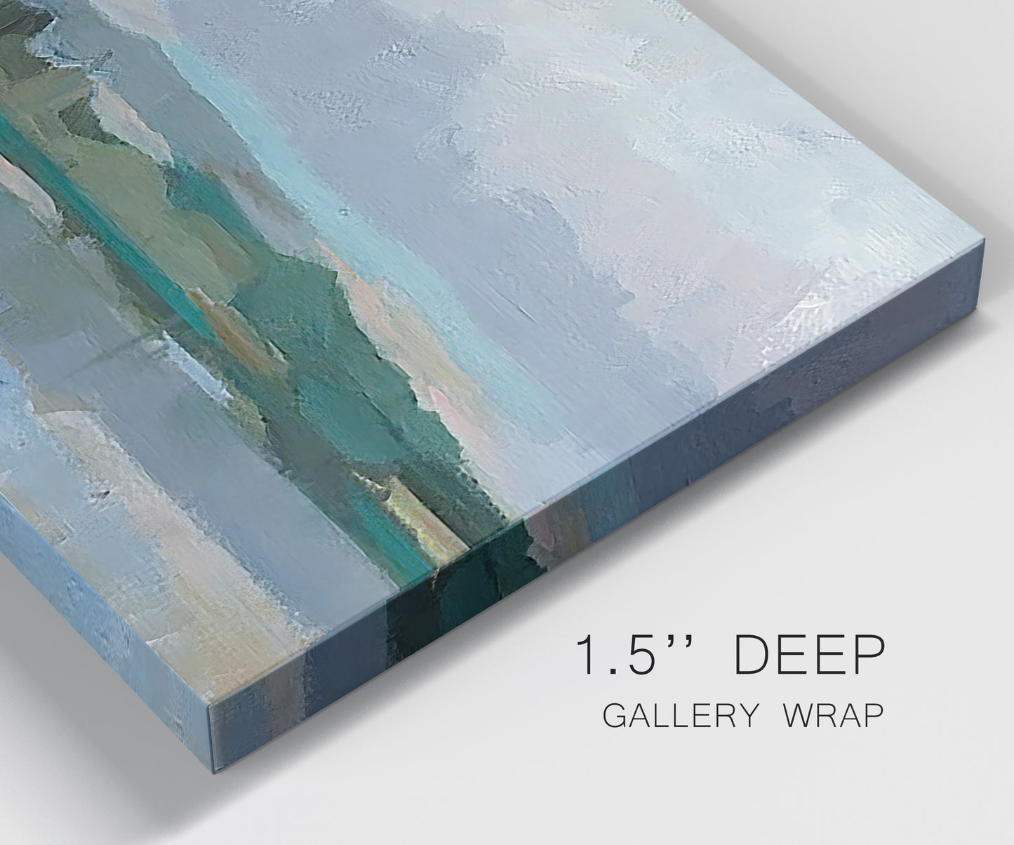 Close-up view of wrapped canvas corner featuring twilight landscape with fading light.
