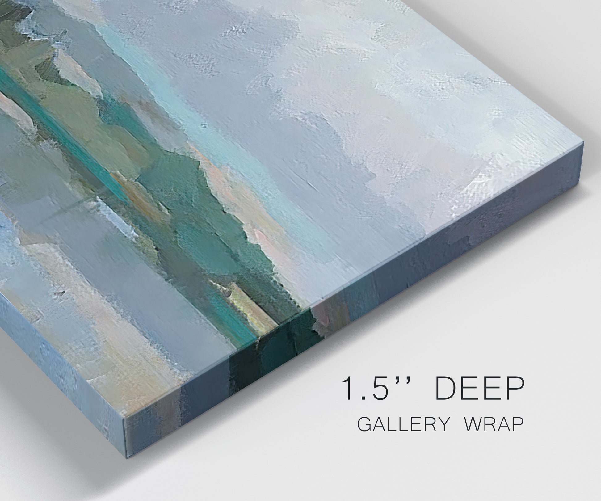 Close-up view of wrapped canvas corner featuring twilight landscape with fading light.