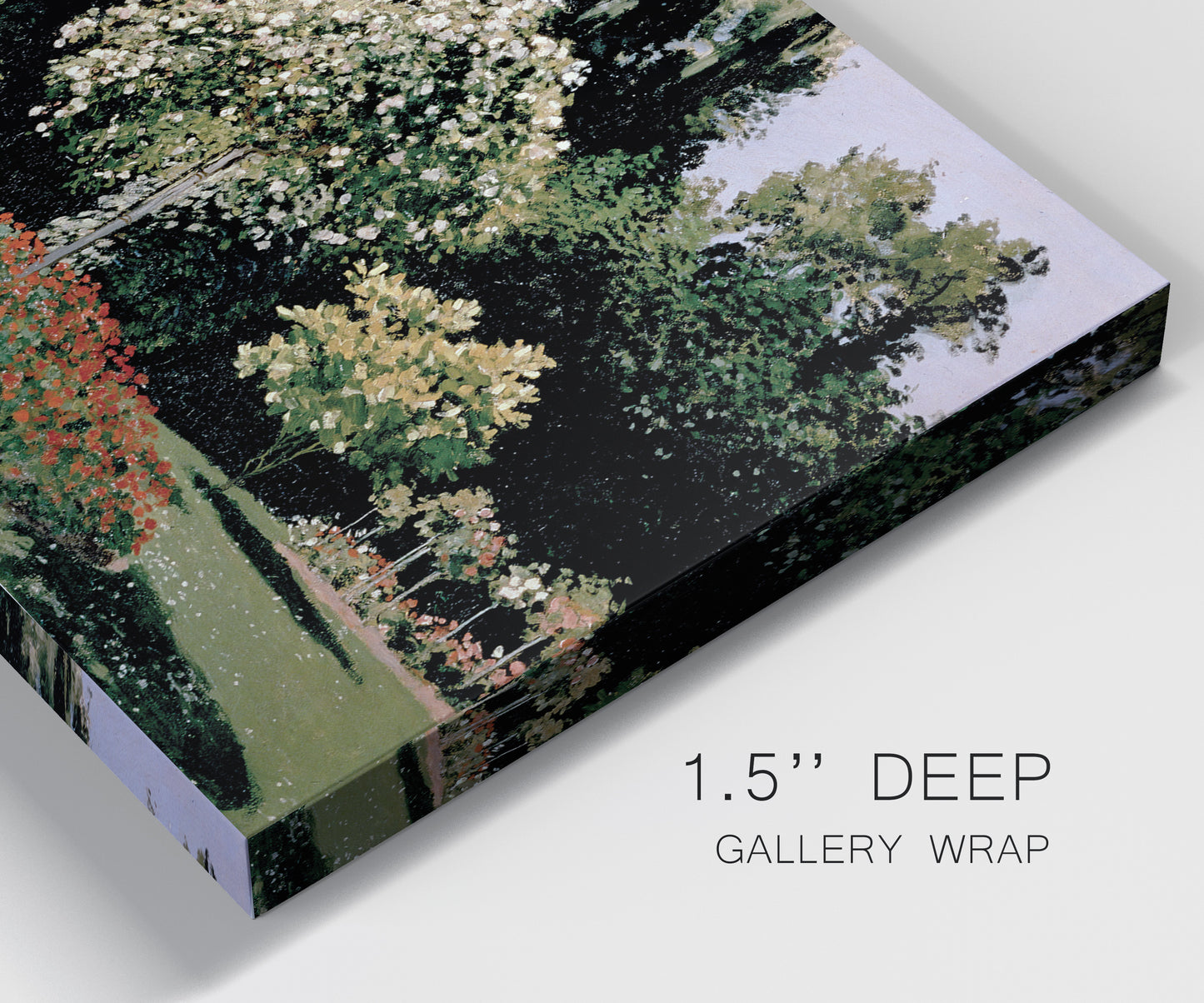 Close-up view of wrapped canvas corner featuring woman seated in garden landscape.