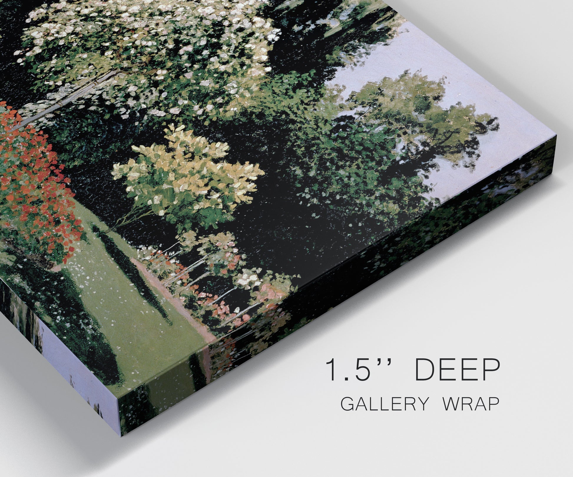 Close-up view of wrapped canvas corner featuring woman seated in garden landscape.
