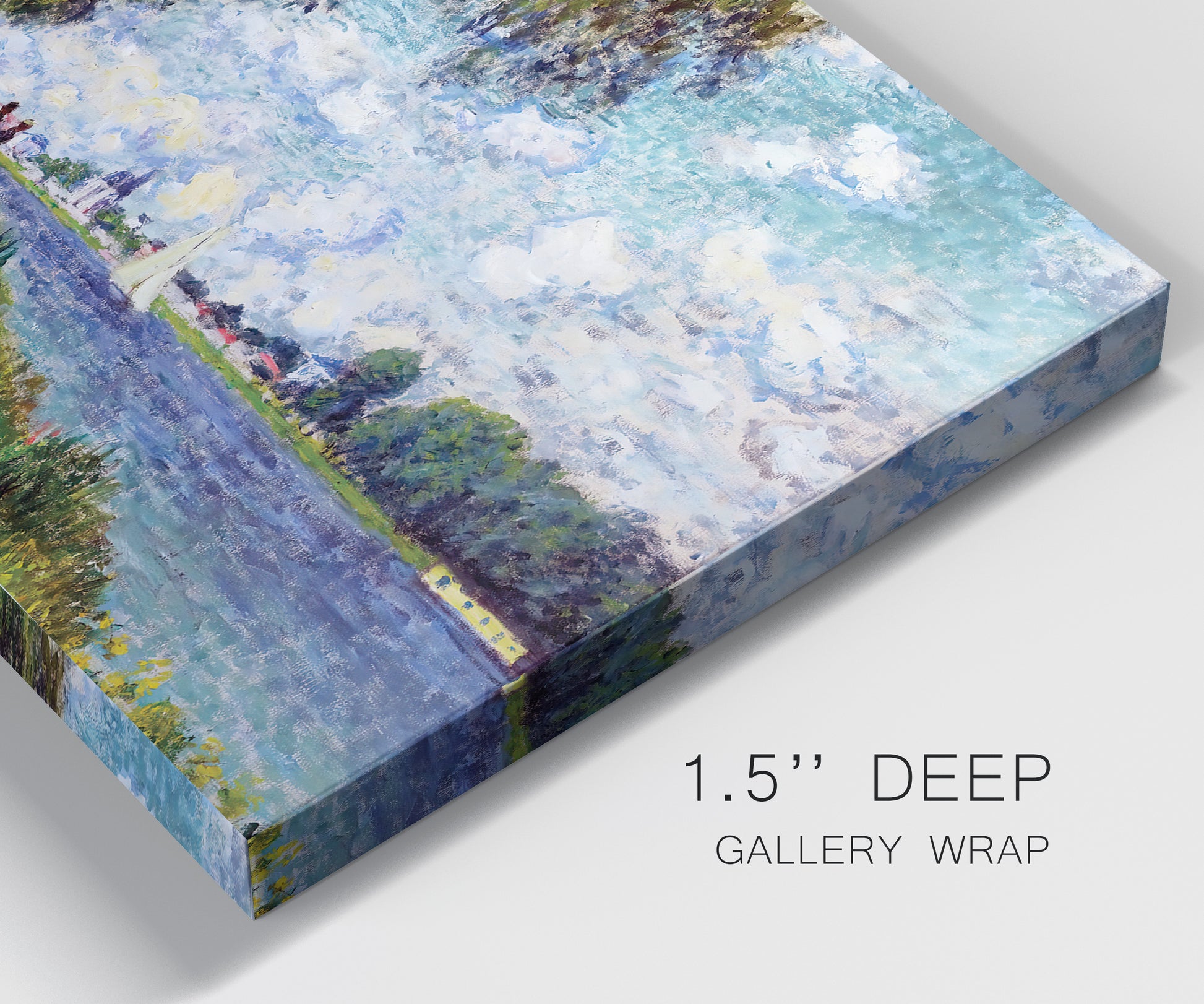 Close-up view of wrapped canvas corner featuring river landscape with boats.