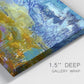 Close-up view of wrapped canvas corner featuring expressive abstract with layered color.