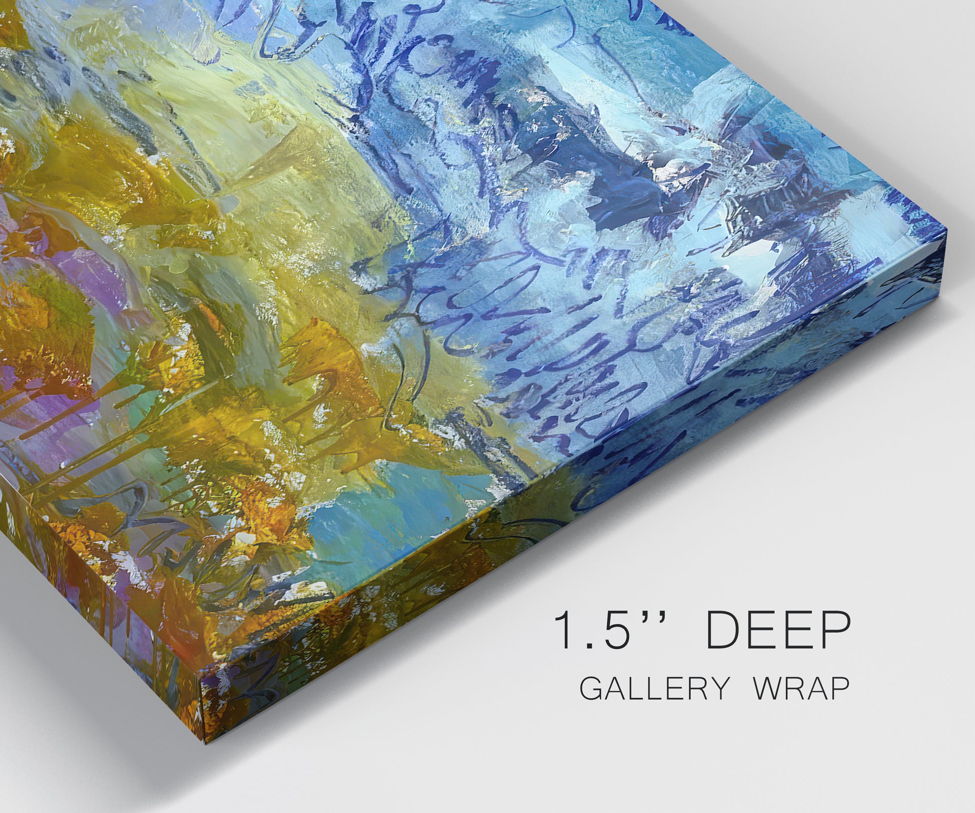 Close-up view of wrapped canvas corner featuring expressive abstract with layered color.