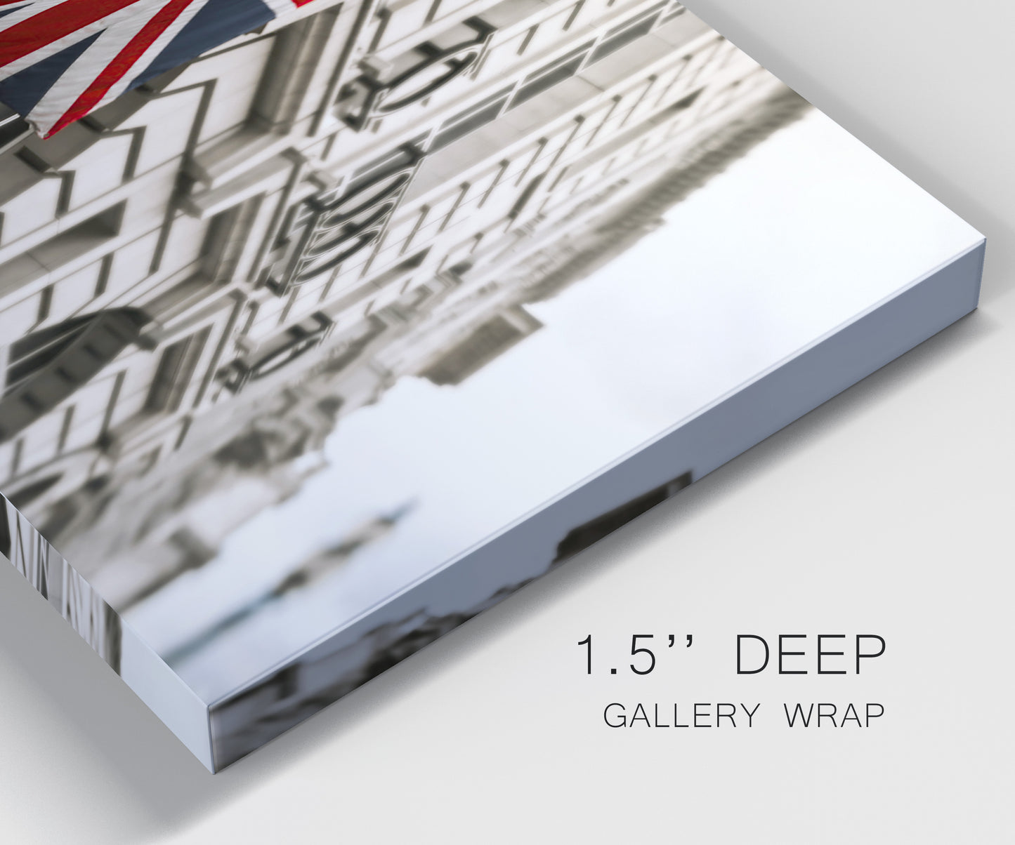 Close-up view of wrapped canvas corner featuring london street scene photograph.