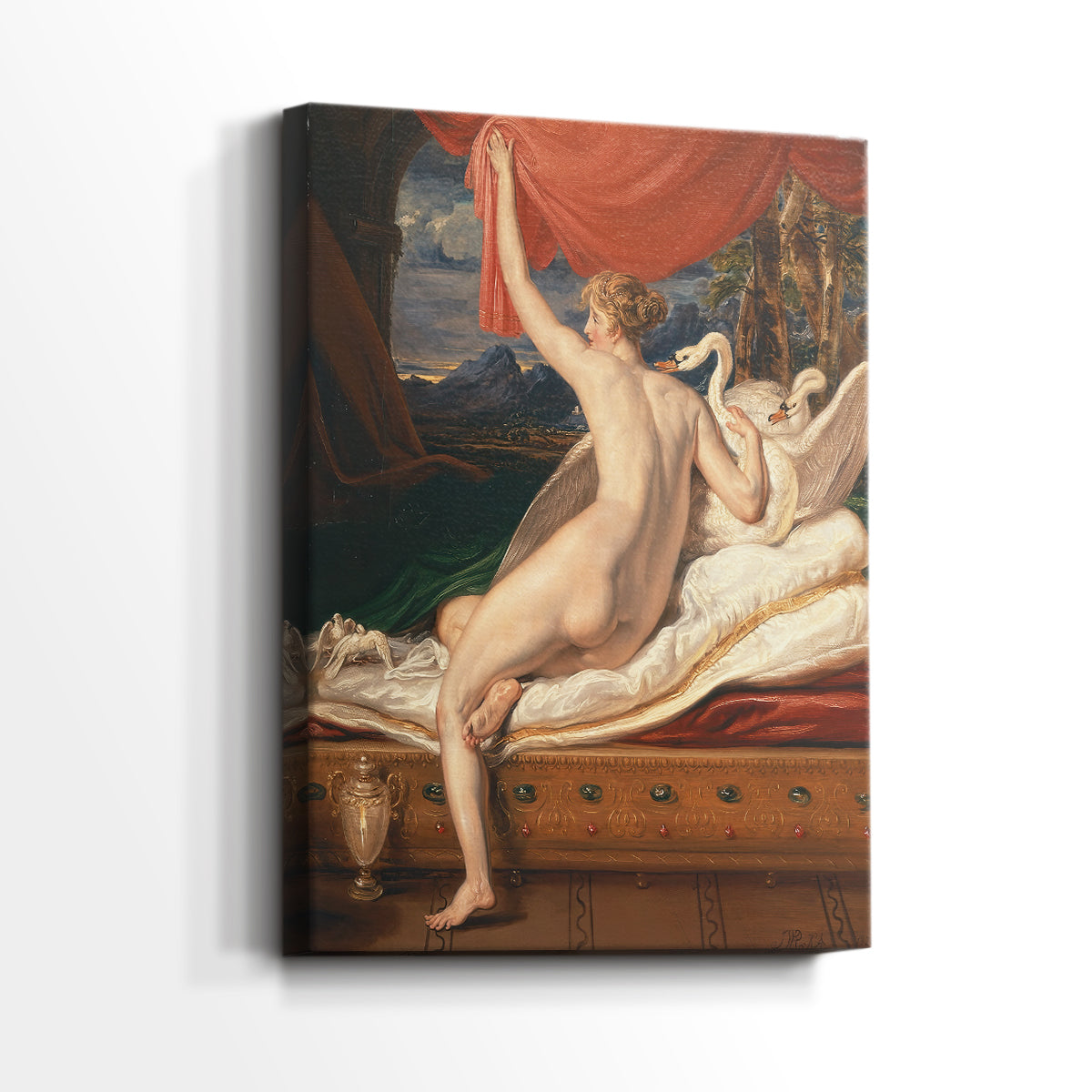 Side view of a canvas art print of a refined composition with a reclining figure and gentle light, showing gallery-wrapped depth.