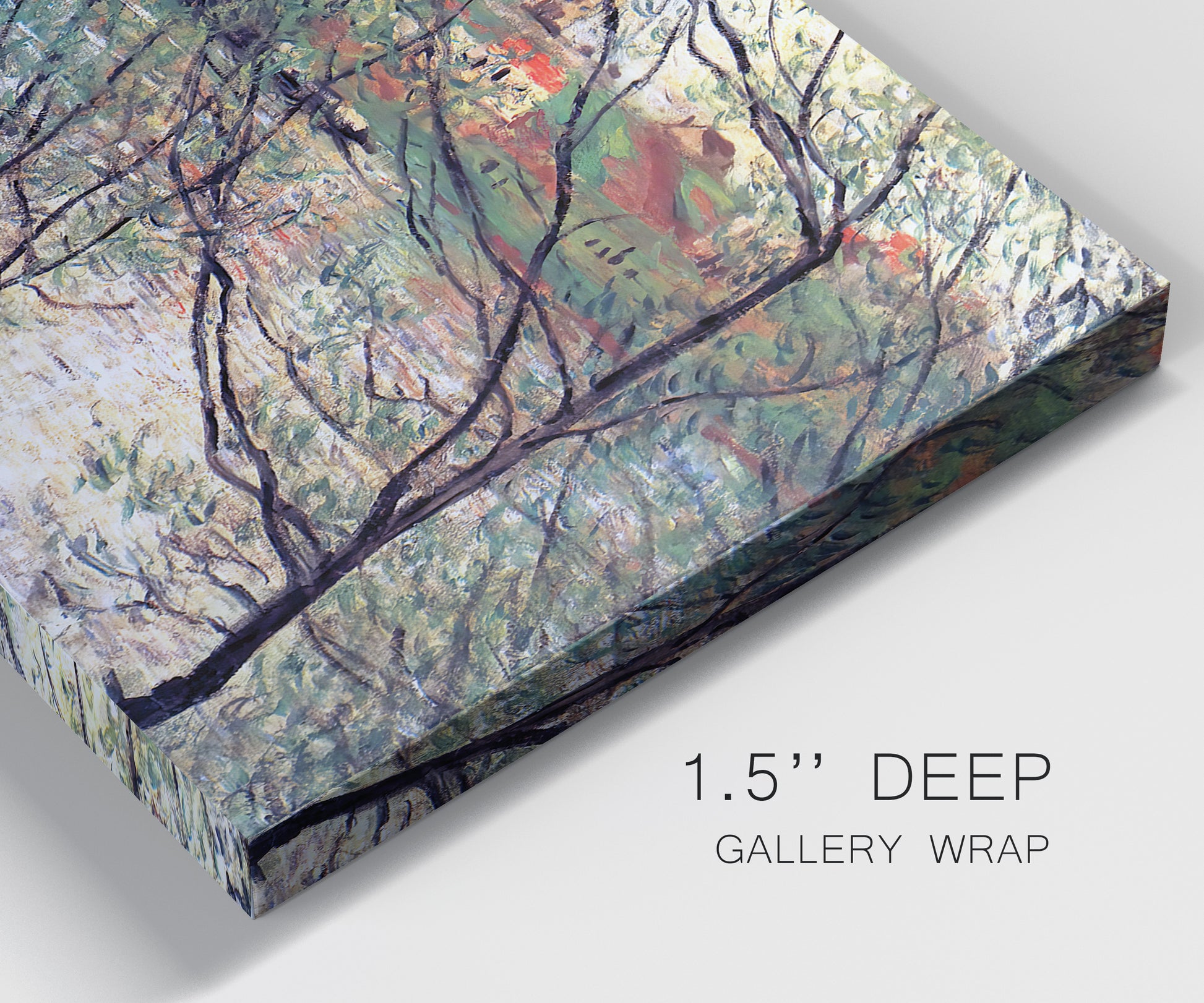 Close-up view of wrapped canvas corner featuring riverside park with figures and trees.