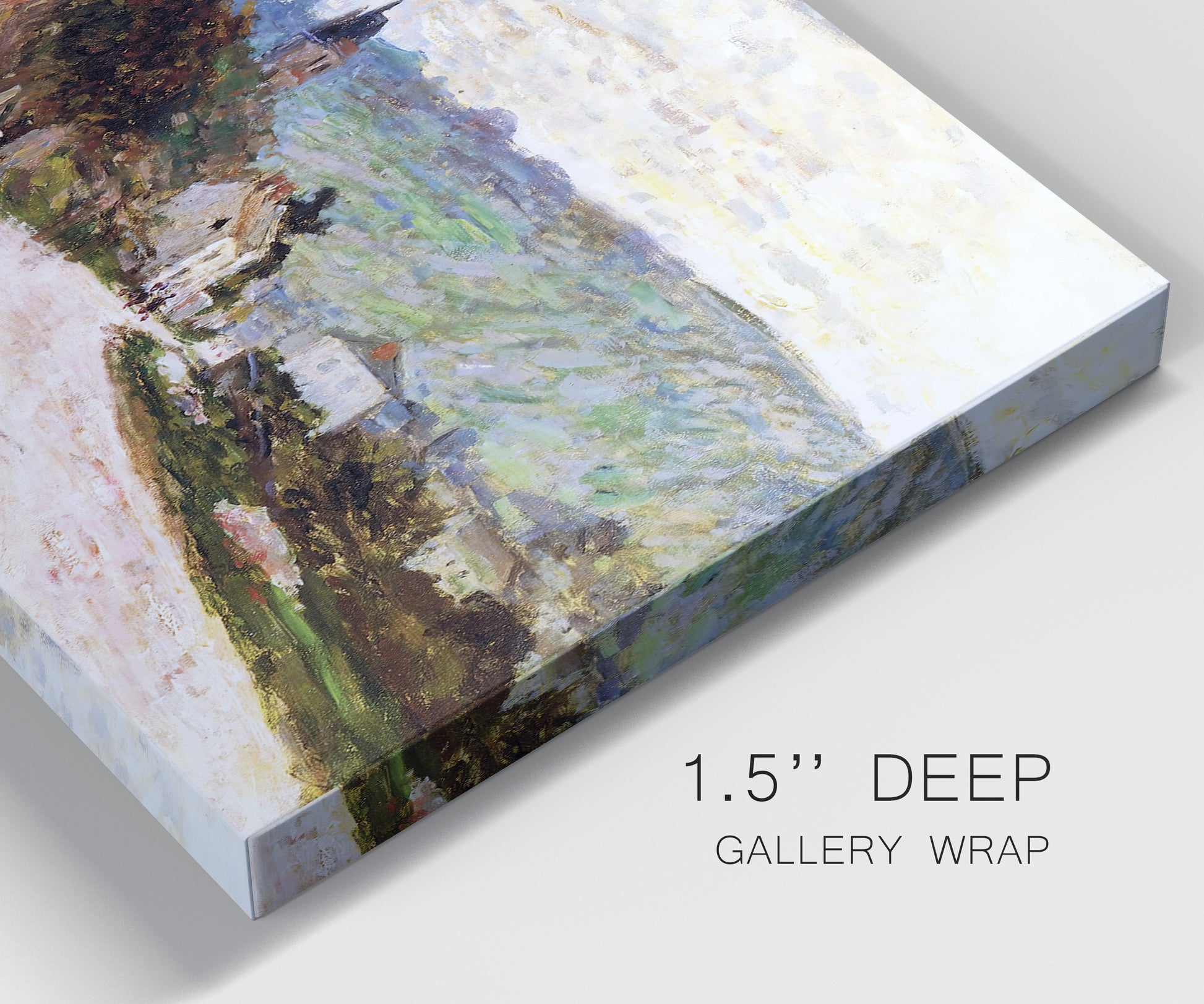 Close-up view of wrapped canvas corner featuring country road through village.