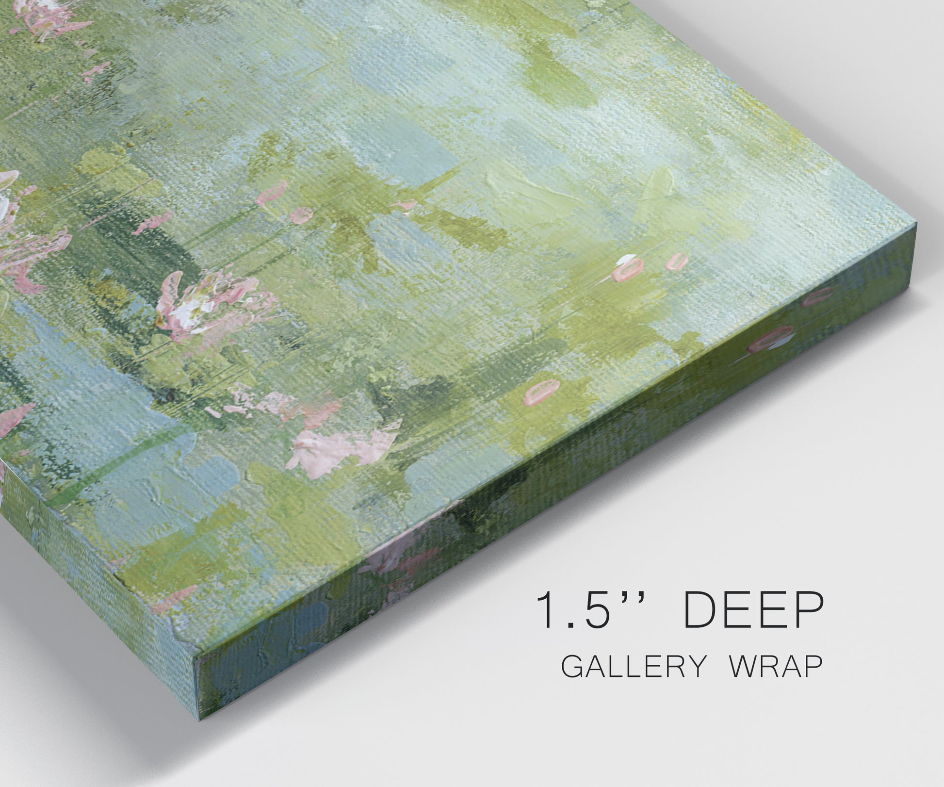 Close-up view of wrapped canvas corner featuring muted water lily pond.