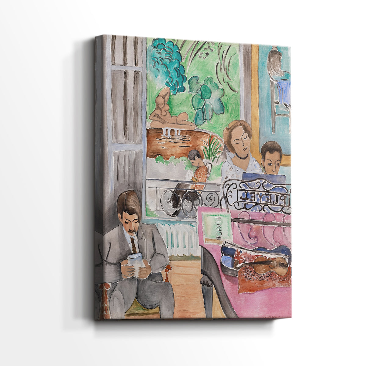 Side view of a canvas art print of a vivid composition with musical activity and bright tones, showing gallery-wrapped depth.