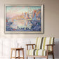 Impressionist Mediterranean harbor painting by Paul Signac in an ornate champagne frame displayed in a light-toned interior setting.
