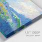 Close-up view of wrapped canvas corner featuring cheerful landscape under open sky.